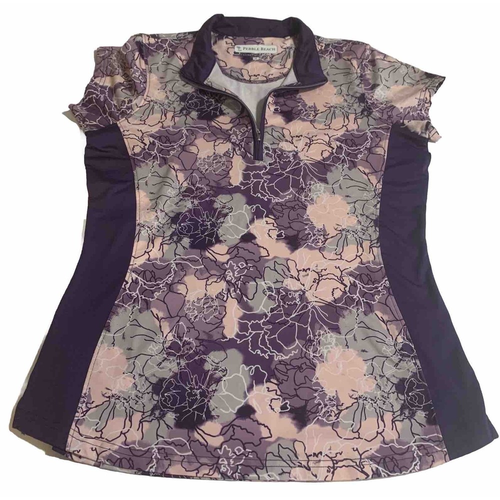 Pebble Beach Dry Luxe Performance Tropical Purple Pink Golf Polo Shirt Medium